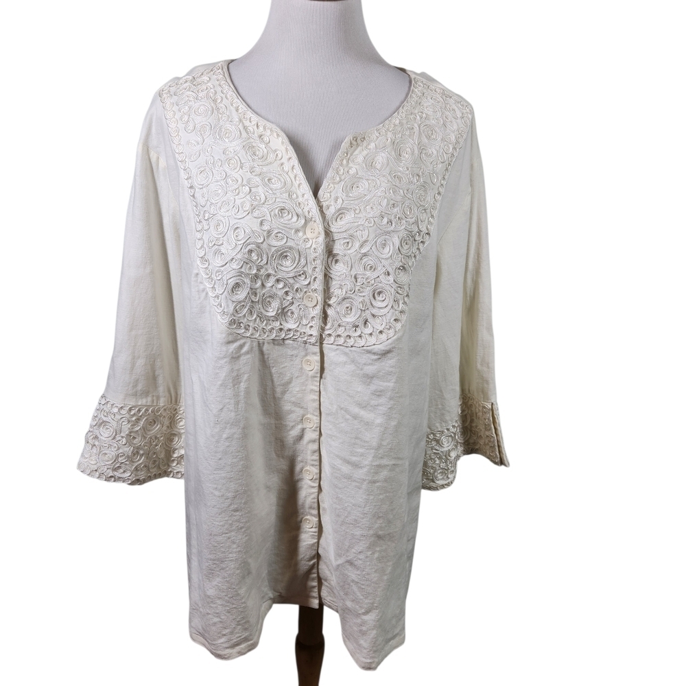 Susan Graver Plus Size Button Up Blouse Embroidered Linen Blend Sz 3X
